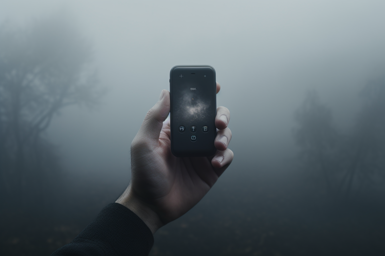 Hand holding AI-powered device demonstrating the easy user interface, rendered in 8K, adding an element of fog for a moody vibe, shot with GoPro