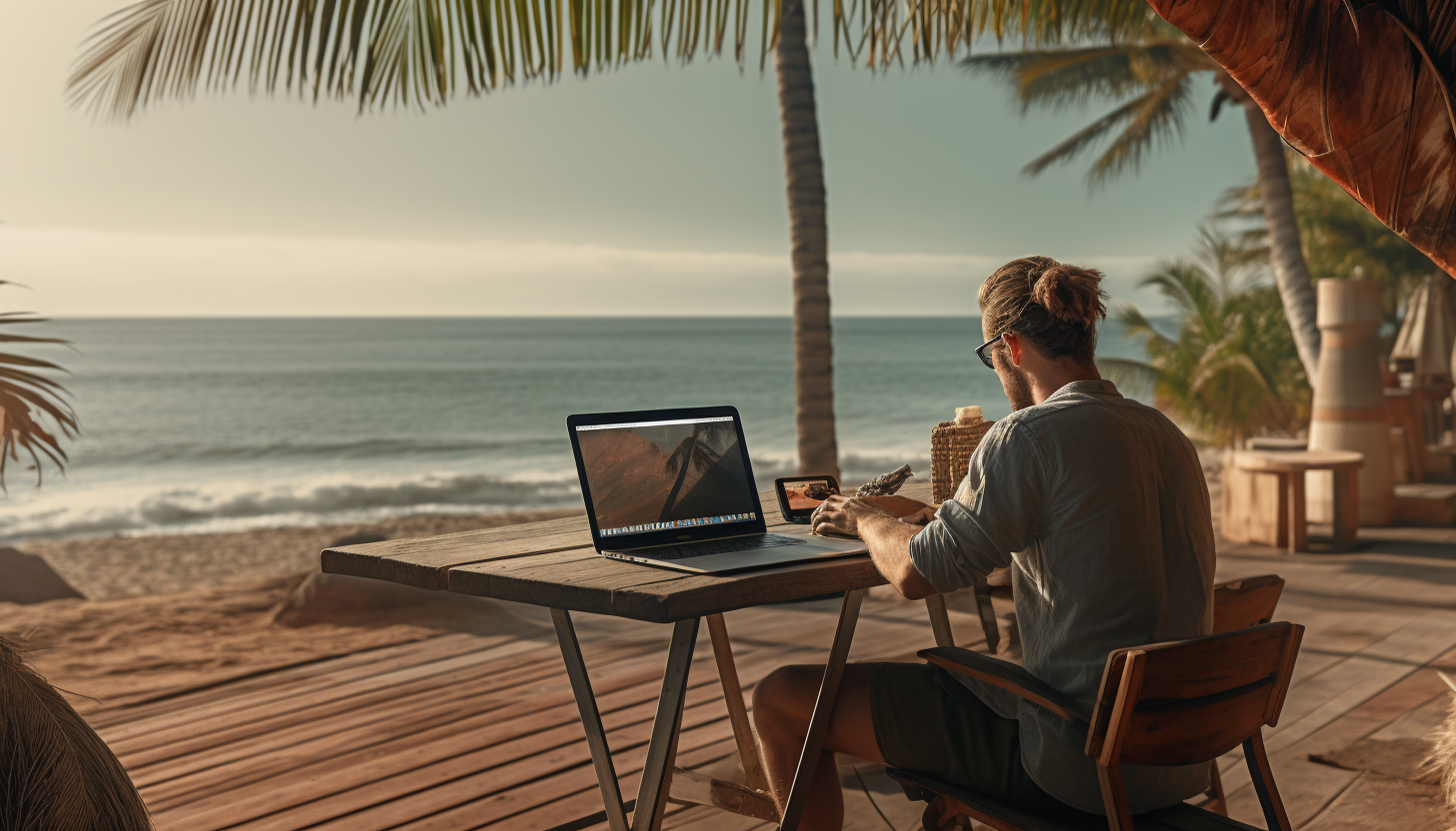 A Digital Nomad working on their laptop with the beach in their background, rendered in 8K, intricately crafted and shot with Leica M6 TTL