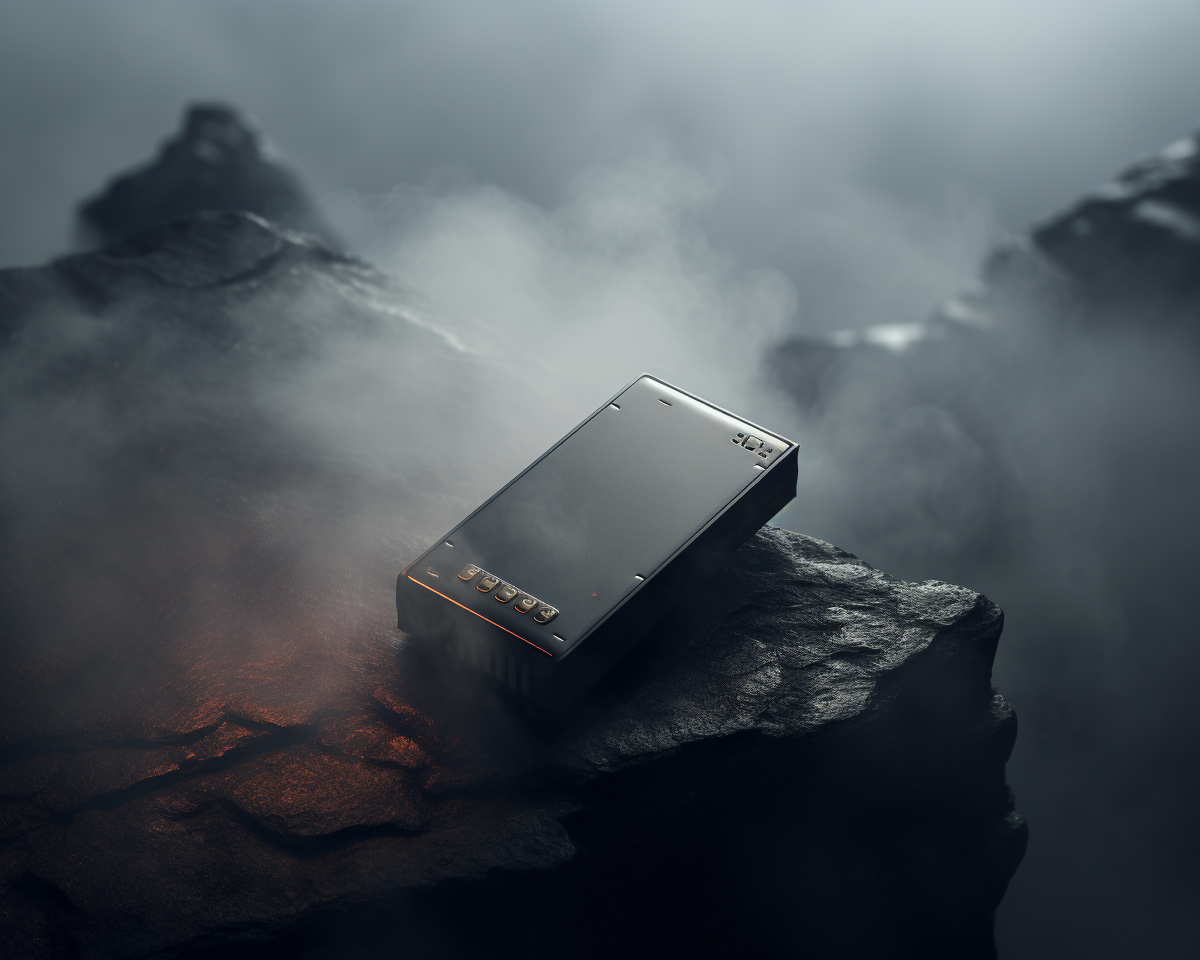 A conceptual image portraying a device powered by a solid-state battery, depicting extended battery life. Rendered in 8K, adding an element of fog for a moody vibe, shot with GoPro
