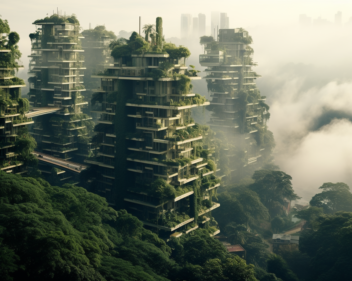 A picturesque cityscape – lush greenery colliding seamlessly with modern architecture. The image encompasses urban planning and nature preservation, hinting at the underlying narrative of smart cities, rendered in 8K, adding an element of fog for a moody vibe, shot with GoPro.