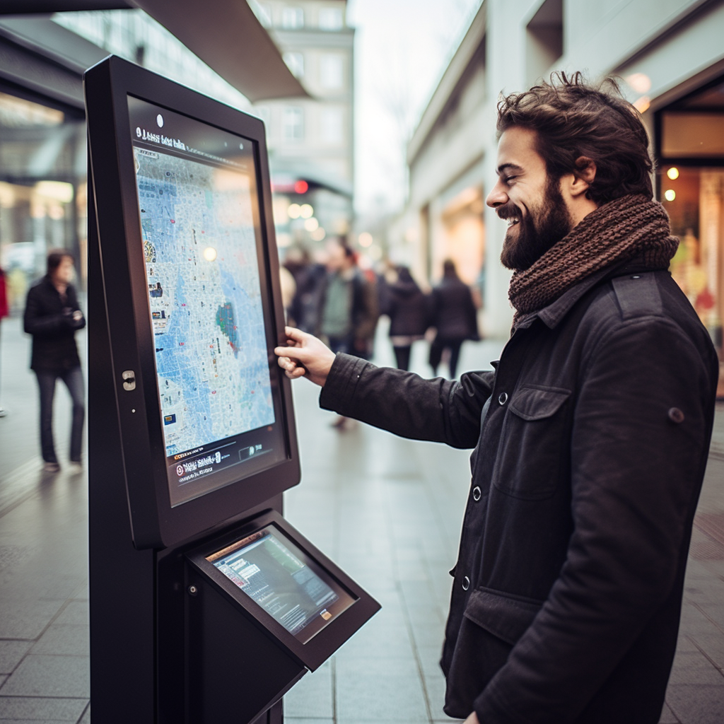 A man interacting with a digital kiosk in the city, sparkles of curiosity in his eyes, representing citizens' interaction with technology in smart cities. The intricate details of the device he tilts his head to read from are captured, 8k quality, shot with Leica M6 TTL, Leica 75mm 2.0 Summicron-M ASPH, Cinestill 800T.