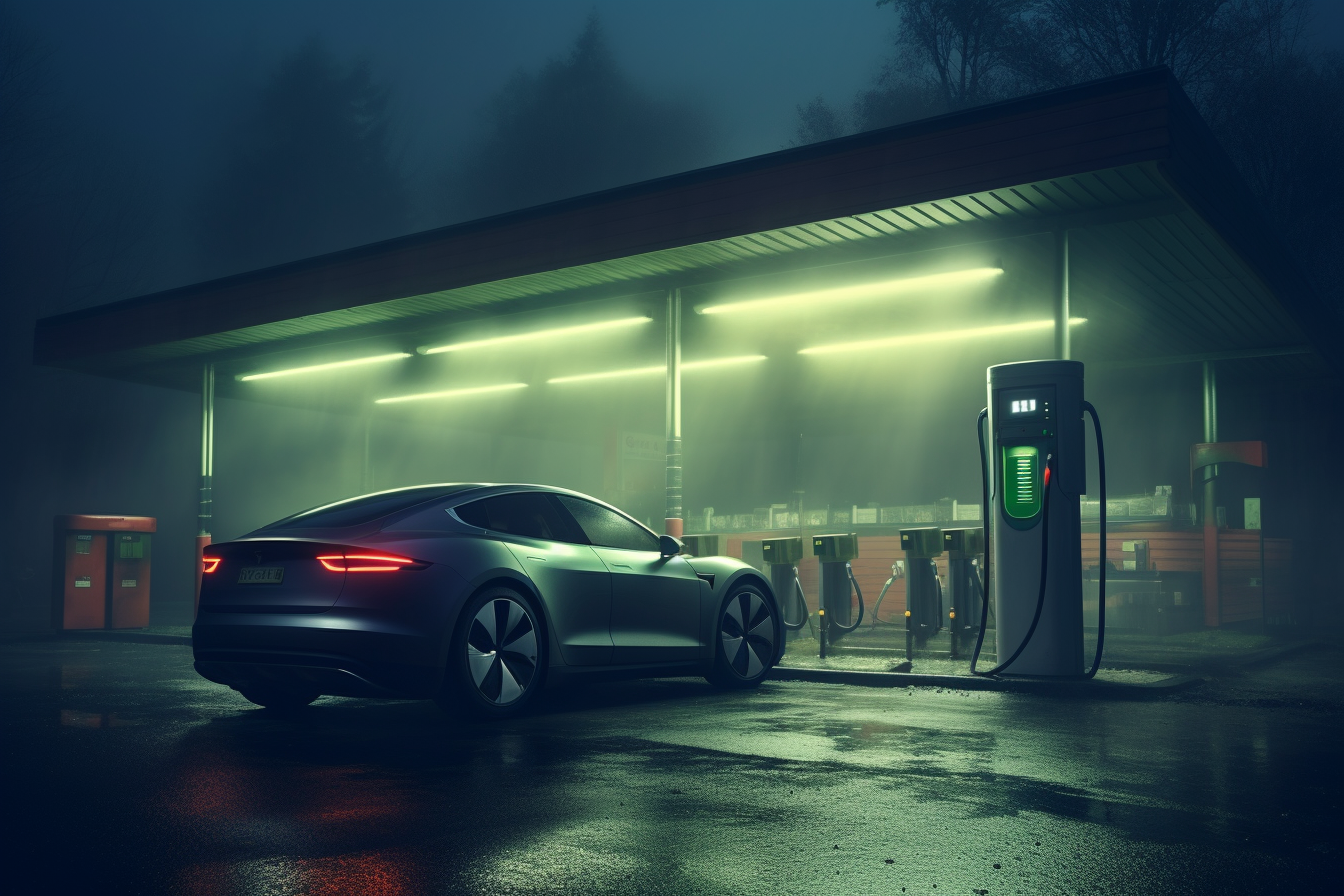 Electric bike and car charging at an eco-friendly transportation station, rendered in 8k, adding an element of fog for a moody vibe, shot with GoPro