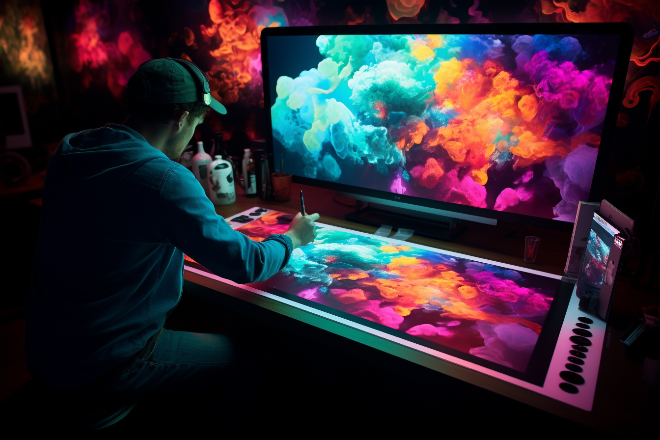 Artist using digital brushes on a graphics tablet to create a vividly colored masterpiece; Intricately crafted, rendered in 8K, shot with GoPro