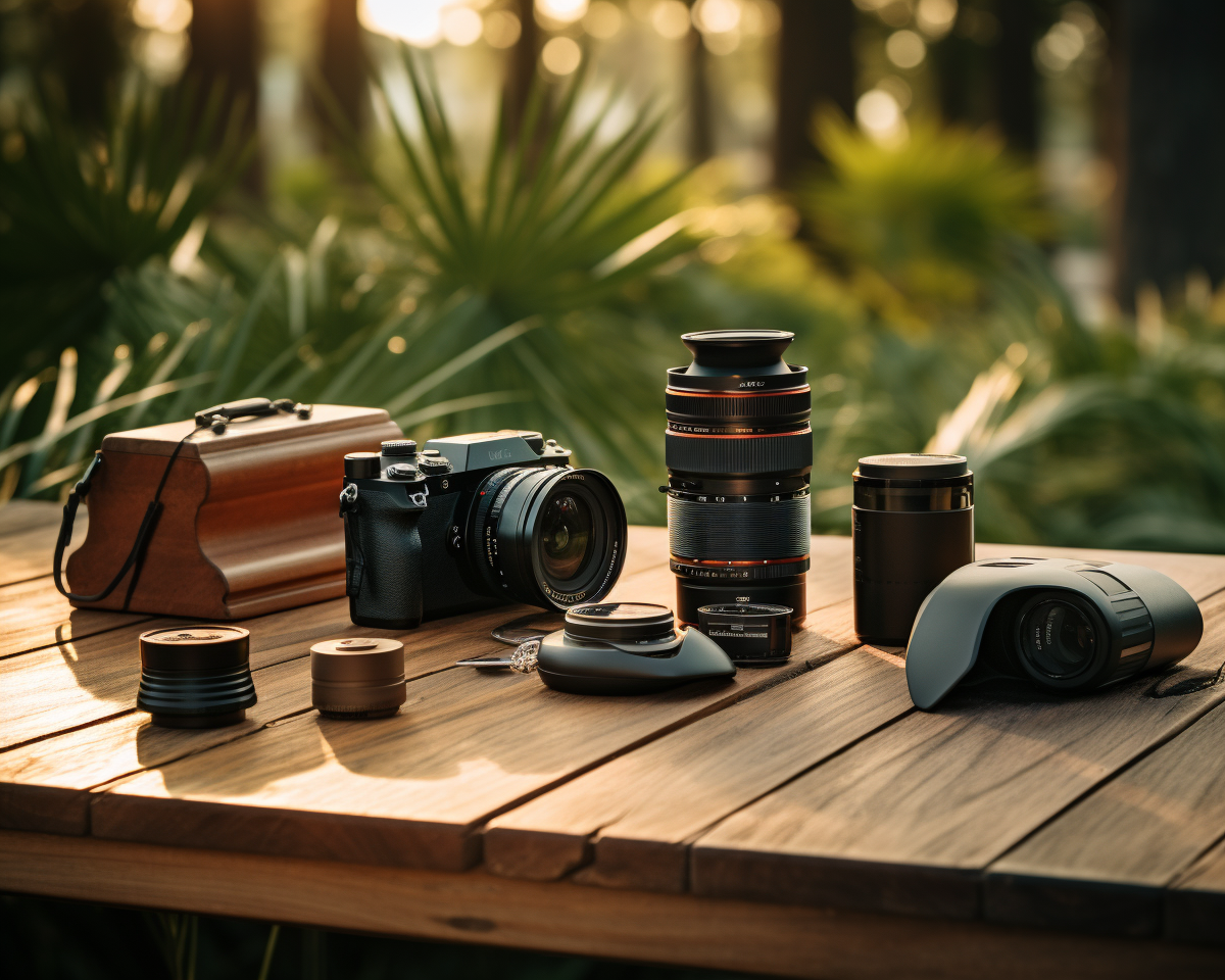 An assortment of eco-friendly gadgets on a wooden table, rendered in 8K, adding an element of nature as the backdrop for a pleasing vista, taken with Leica M6 TTL & Leica 75mm 2.0 Summicron-M ASPH