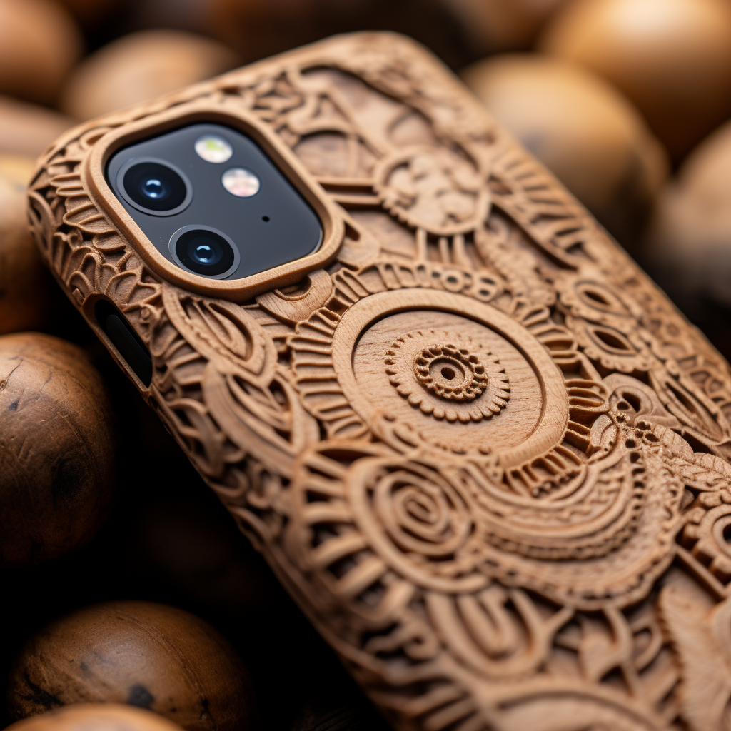Close-up of a biodegradable phone case, intricately crafted, 8k quality, shot with GoPro