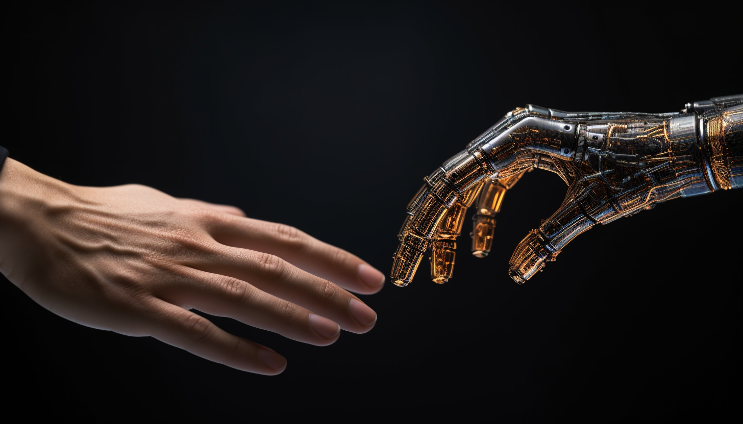 "A visual representation of the role of AI in Human Jobs, showing a hand of a human and a robot intersecting each other, indicating the co-existence of AI and human workforce, 8k quality