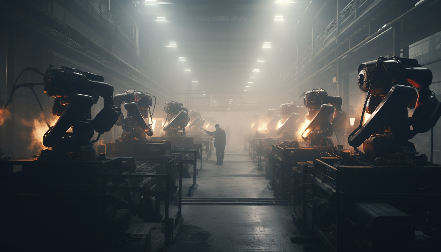 Image of robots working in a modern factory, depicting the evolution of AI, rendered in 8K, adding an element of fog for a moody vibe, shot with GoPro