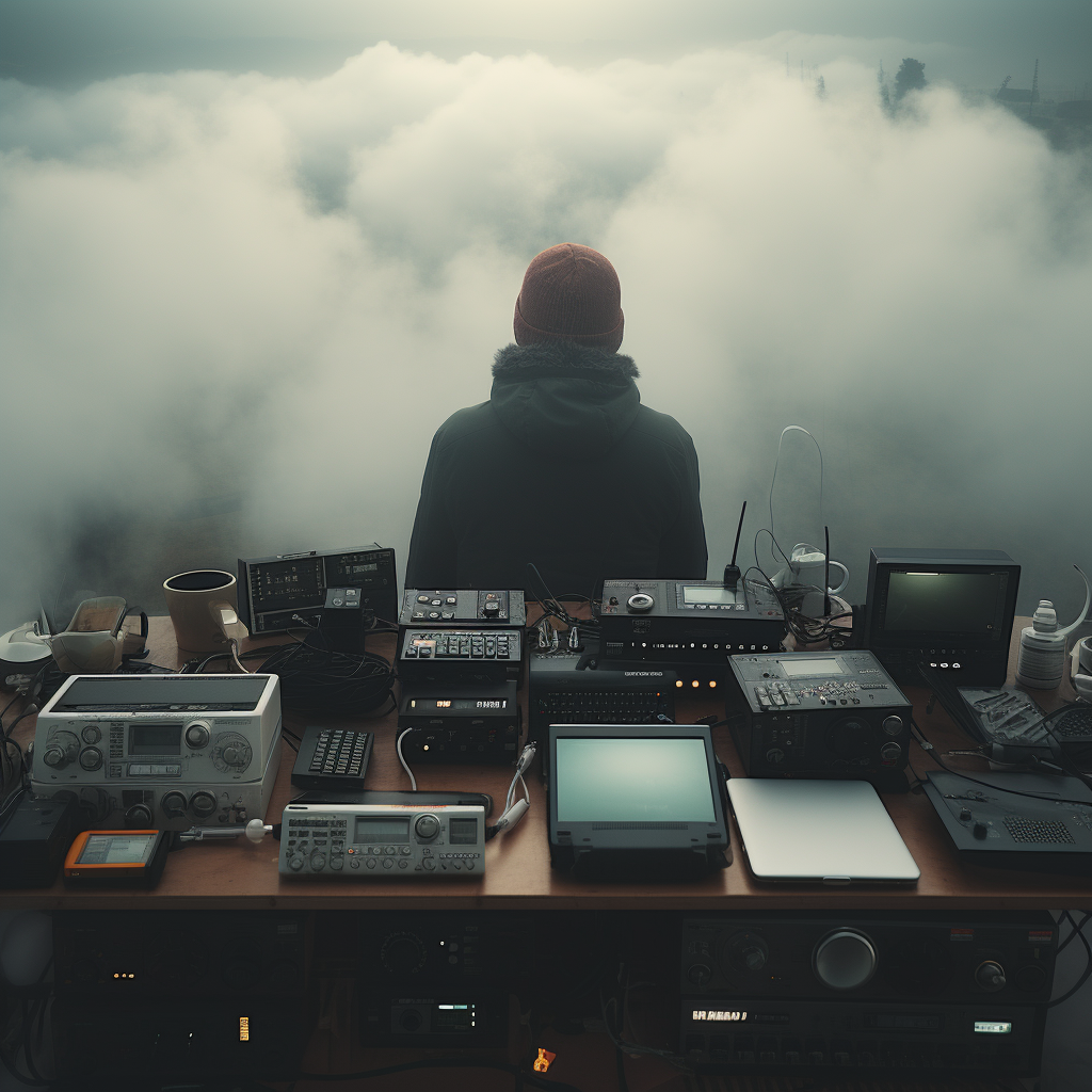 Depiction of different wireless technologies and microsystems interacting, rendered in 8K, adding an element of fog for a moody vibe, shot with GoPro.