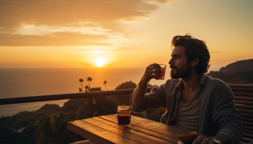 A Digital Nomad enjoying the sunset after a long day of remote work in an exotic location, rendered in 8K, intricately crafted, shot with Leica M6 TTL.