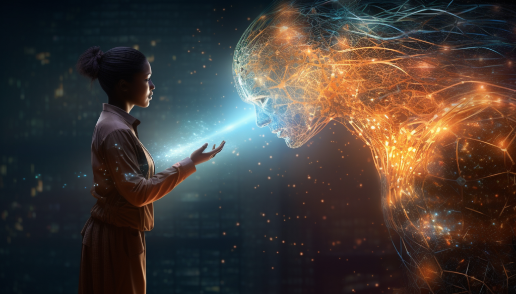"An AI concept image showcasing a virtual assistant interacting with a user on a digital interface. The virtual assistant is represented as a glowing, human-like figure made up of glowing digital lines, suggesting the blend of humanity and technology.