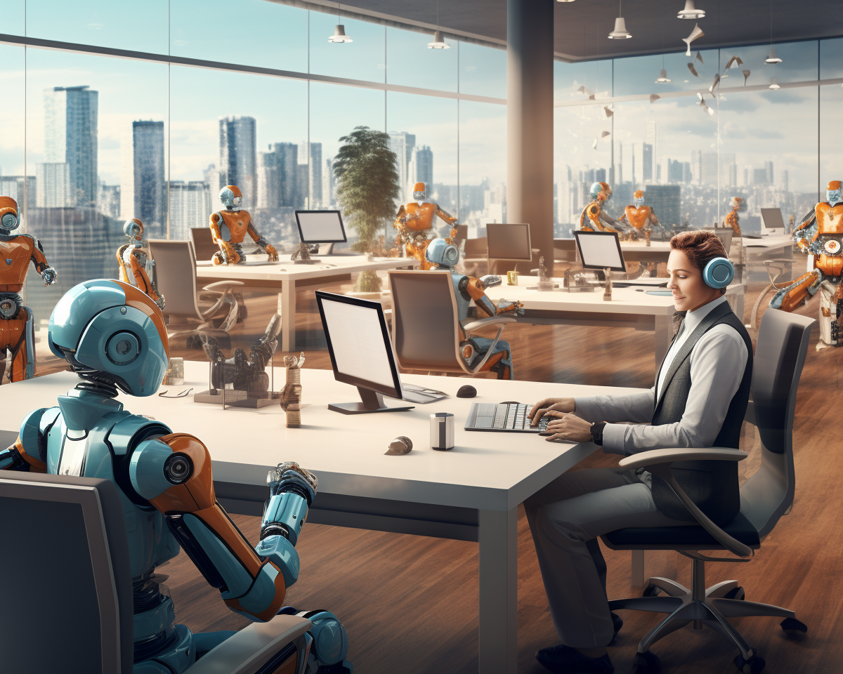 An intricately crafted, 8k quality image of AI chatbots represented as humanoid robots, serving customers. The scene showcases an office set up where these chatbots are working efficiently side by side.