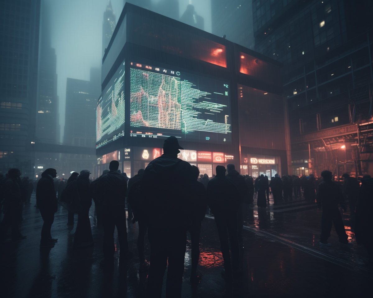 Rendered in 8K, adding an element of fog for a moody vibe, shot with GoPro: Scene of a busy stock market, glowing screens showing trends altered by machine learning.