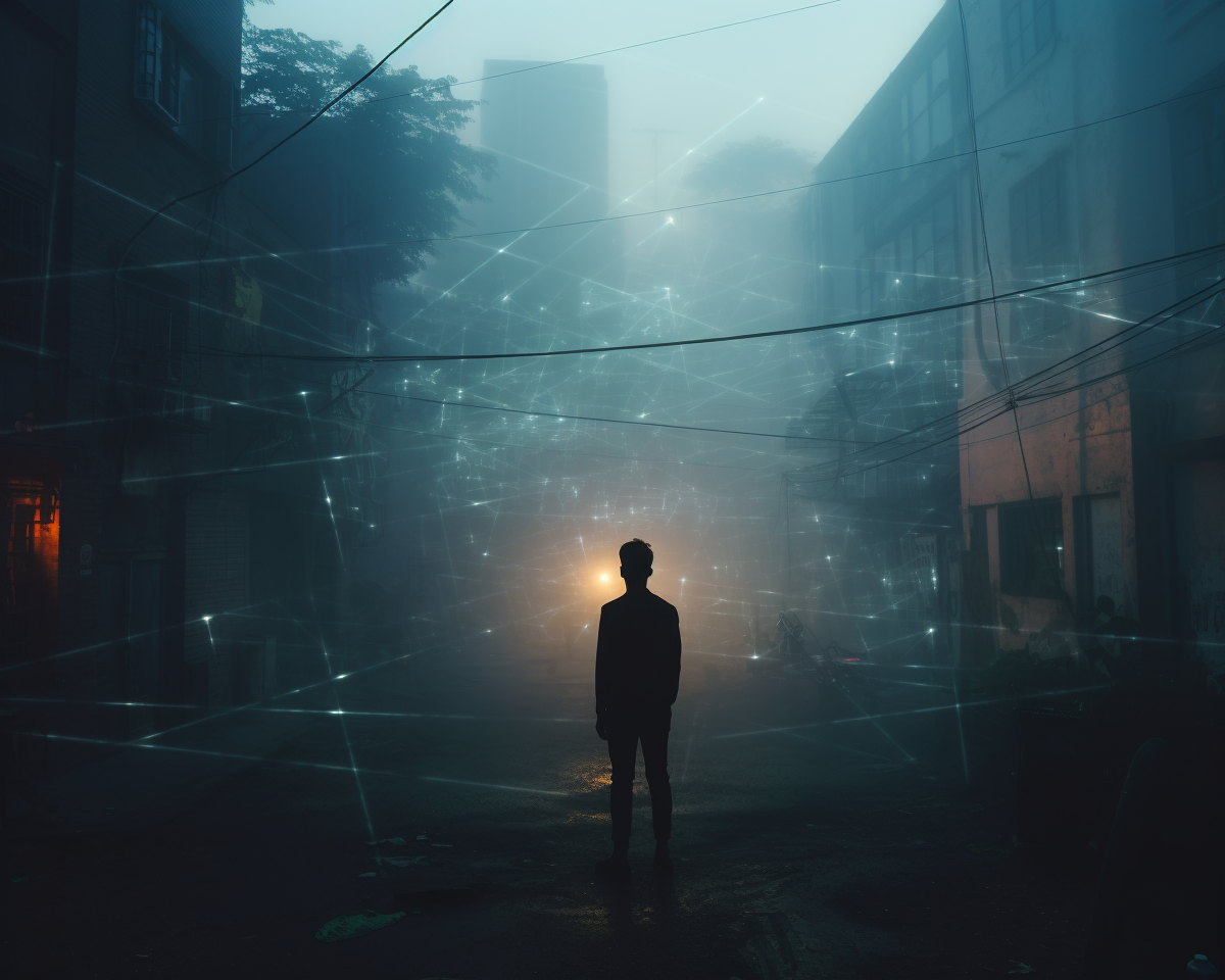 Image visualizing the concept of Augmented Reality, featuring a person interacting with digital elements overlaid on their real-world environment, rendered in 8K, adding an element of fog for a moody vibe, shot with GoPro