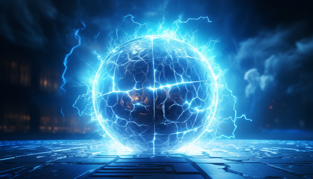A digital mesh sphere portraying a high-tech battery with lightning beams around it, preferably in shades of blue and white to depict energy and innovation, intricately crafted, 8K quality