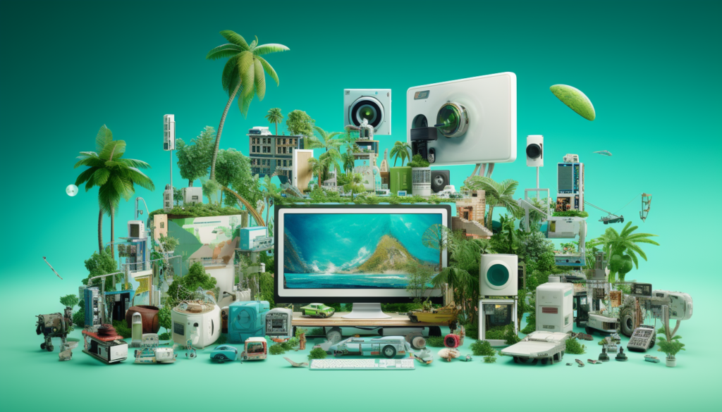 A vibrant collage of various eco-friendly gadgets, illustrating the diversity and innovation in sustainable technology, rendered in 8k, captured with GoPro