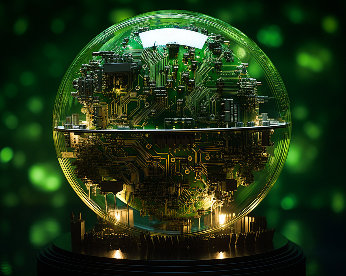 A green globe embedded in electronic circuits, reflecting the concept of sustainable technology, rendered in 8K quality, shot with Leica M6 TTL, Leica 75mm 2.0 Summicron-M ASPH, Cinestill 800T