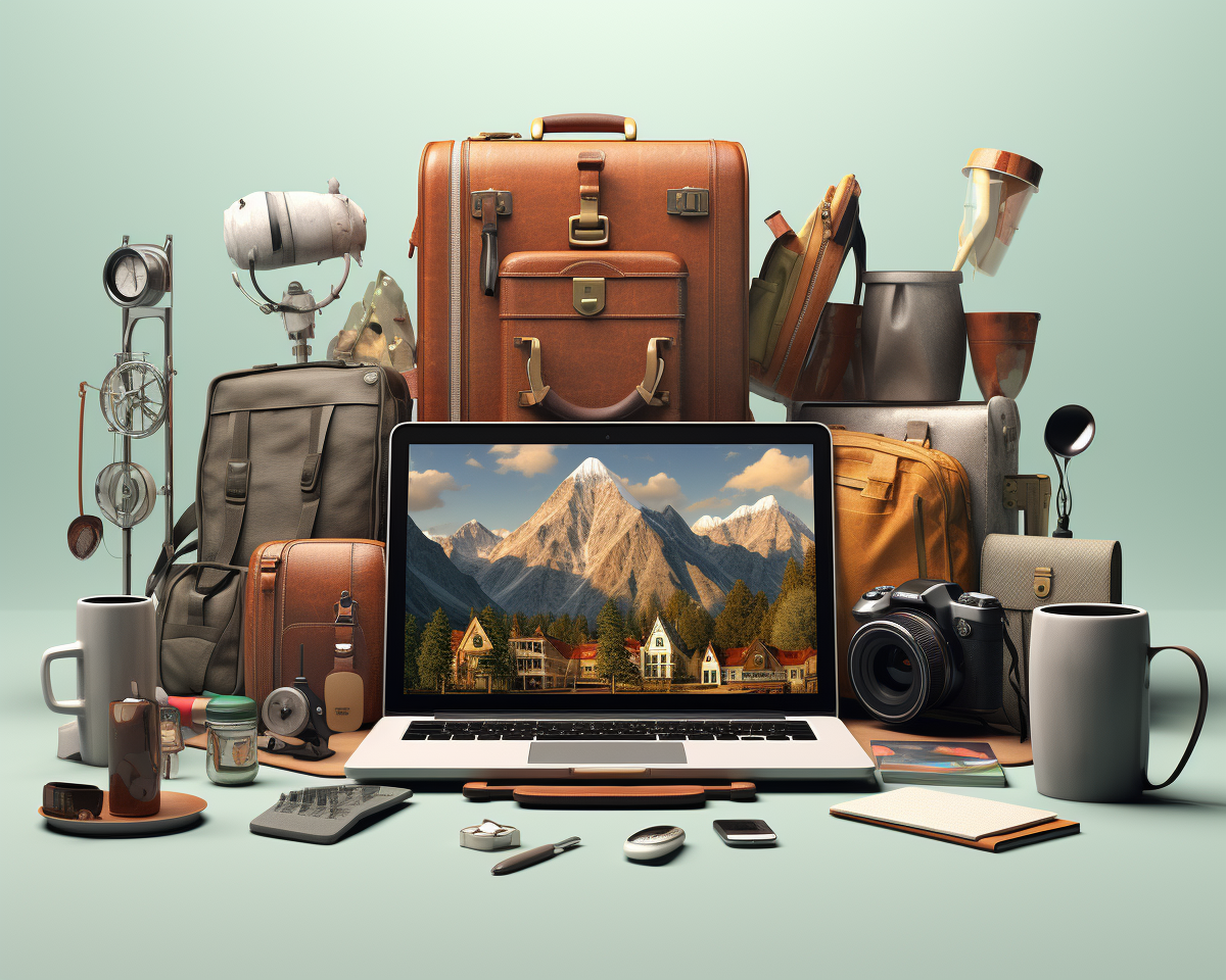 Intricately crafted display of travel gadgets, including a camera, laptop, and travel-friendly tech tools, 8k quality
