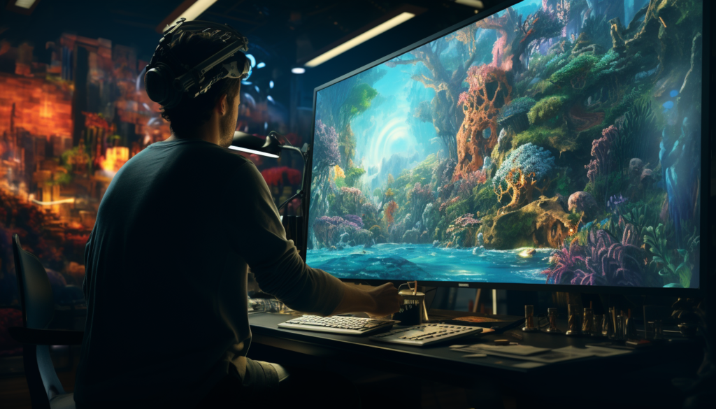 An artist giving finishing touches to a digital painting on a large screen; Creative, meticulously detailed, rendered in 8K, shot with GoPro