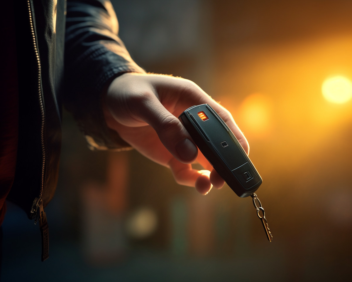 Person holding security key fob, rendered in 8K, adding an element of moody vibe