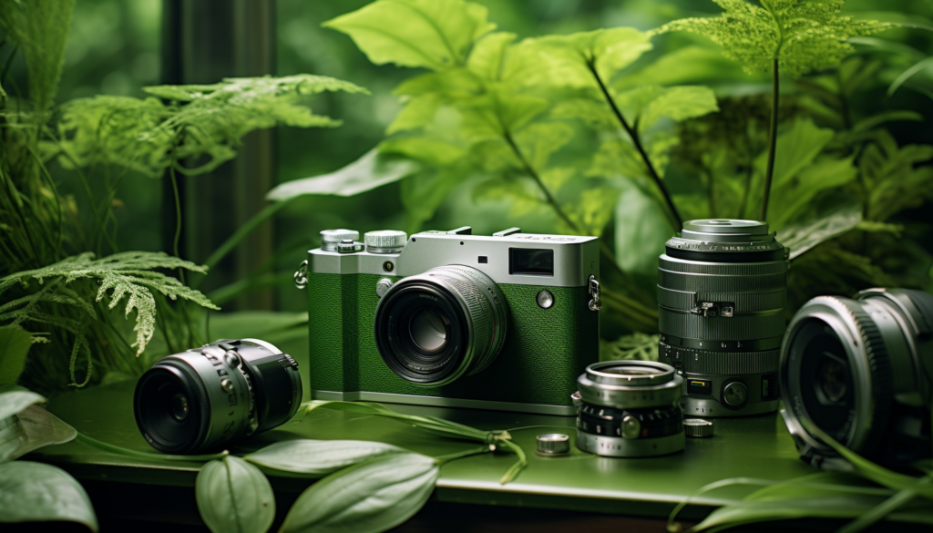 Green eco-friendly gadgets displayed against a green leafy backdrop, rendered in 8K, with shot on a clear daylight, taken with Leica M6 TTL & Leica 75mm 2.0 Summicron-M ASPH