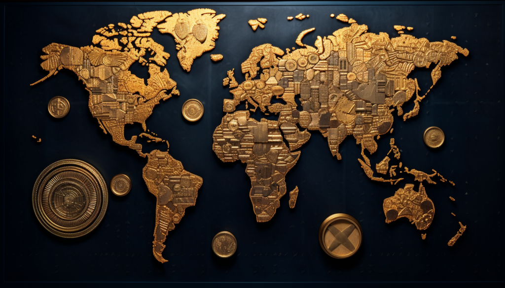 The world map with different digital currencies beautifully represented, intricately crafted, 8k quality, shot with Leica M6 TTL, Leica 75mm 2.0 Summicron-M ASPH, Cinestill 800T.