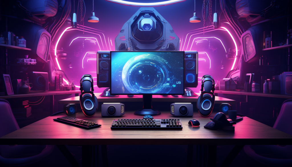 Dynamic and vibrant render of a VR gaming setup with headset, controllers and gaming console, highlighting futuristic aspects, 8K quality